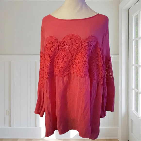 VALERIE STEVENS Women's Pink Crochet Paisley Lace Boho Bell Sleeve Top XL - Picture 2 of 14